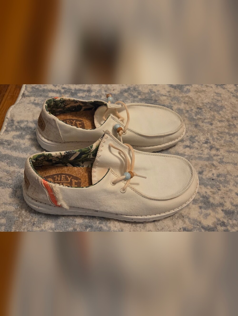 Hey Dude Off-White Wendy Natural Canvas Slip-On Loafers with Coral Accent